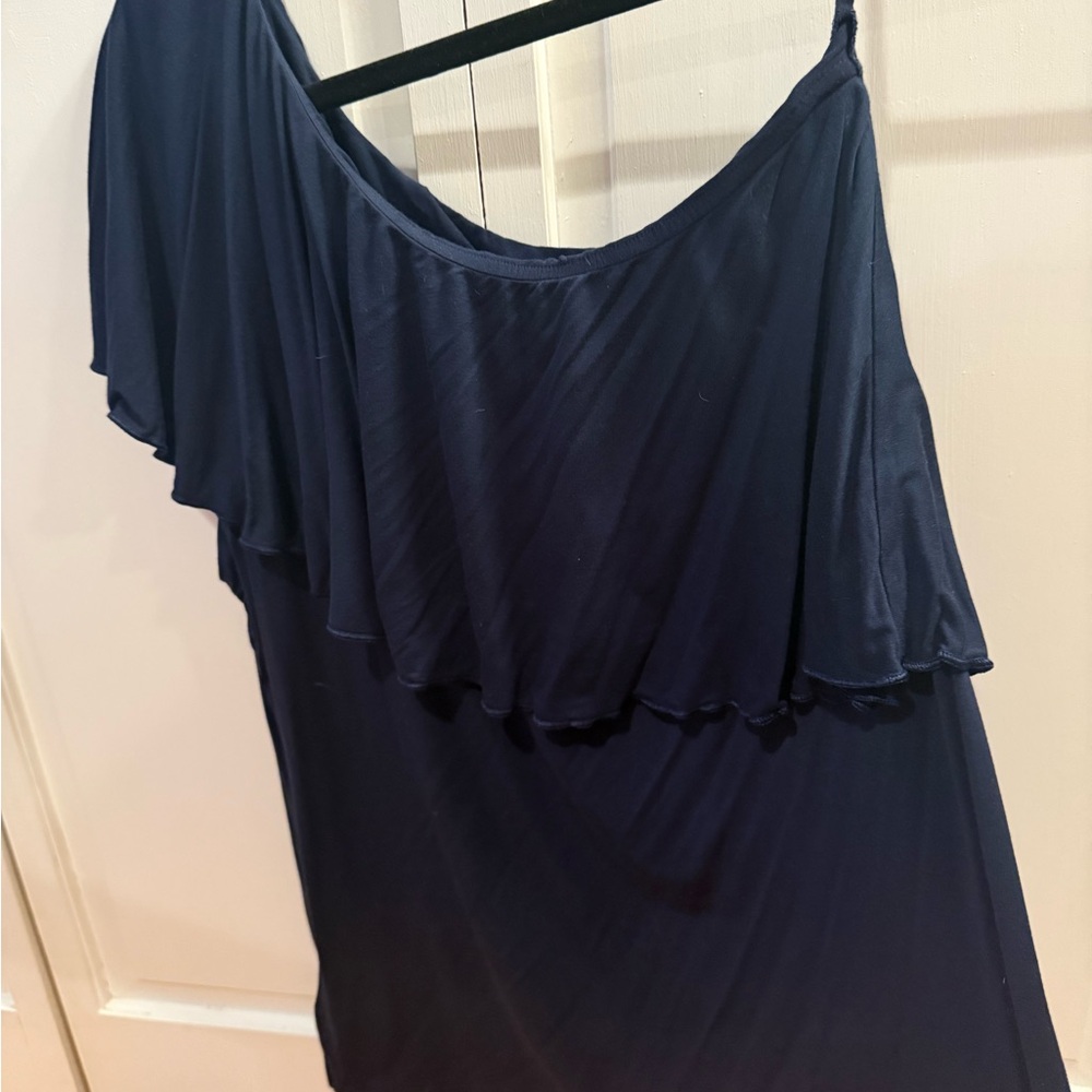 Navy Ruffled One-Shoulder Top - Picture 2 of 4